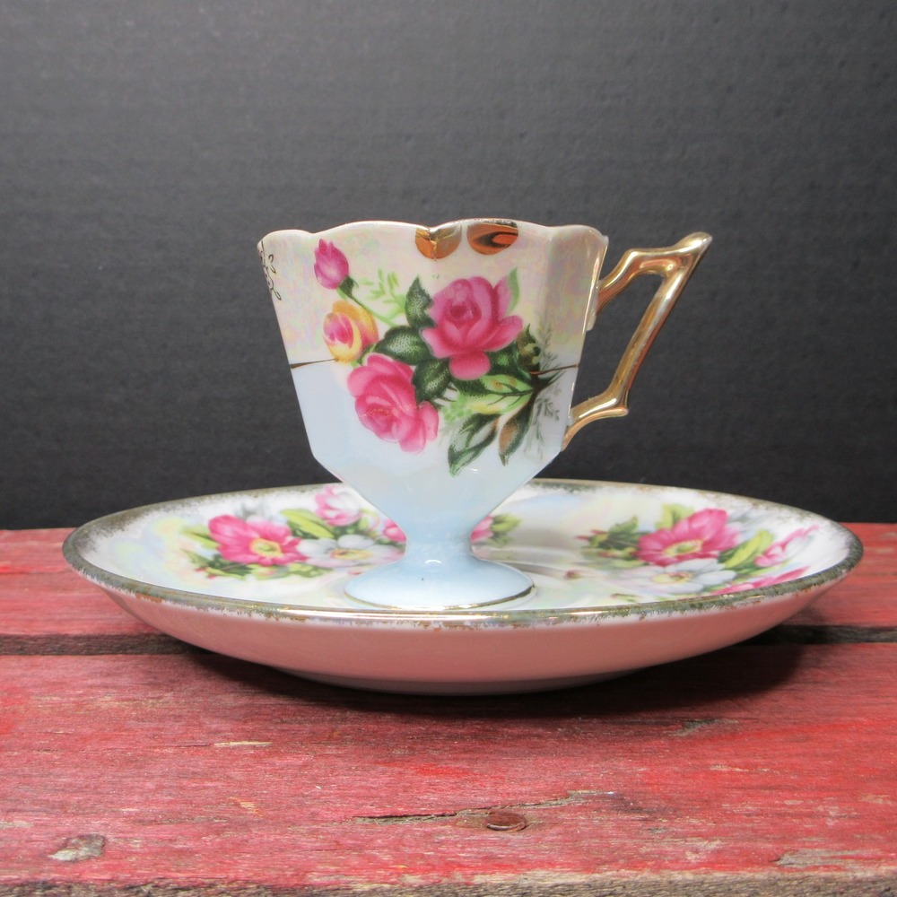 Vintage Iridescent Footed Teacup & Saucer Set Pink Roses Made in Japan